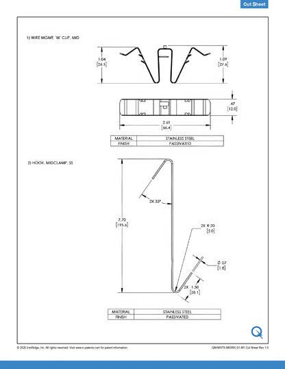 Technical specification sheet showing dimensioned line drawings of a wire cup and hook with material and finish notes for stainless steel, on a white page with a blue Q logo.
