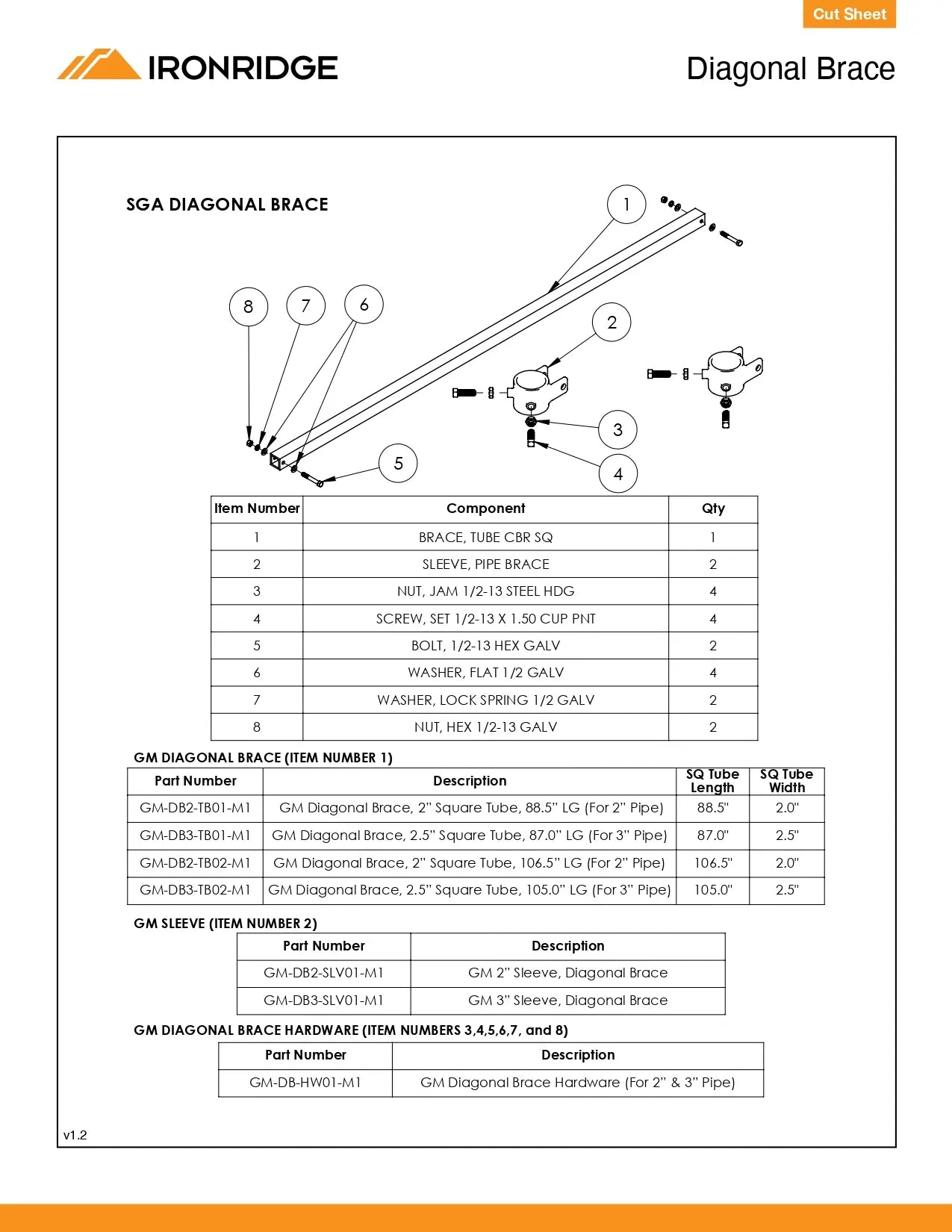 Technical diagram and component list for Ironridge diagonal brace with Ironridge logo.