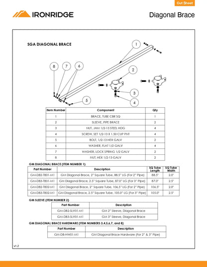 Technical diagram and component list for Ironridge diagonal brace with Ironridge logo.
