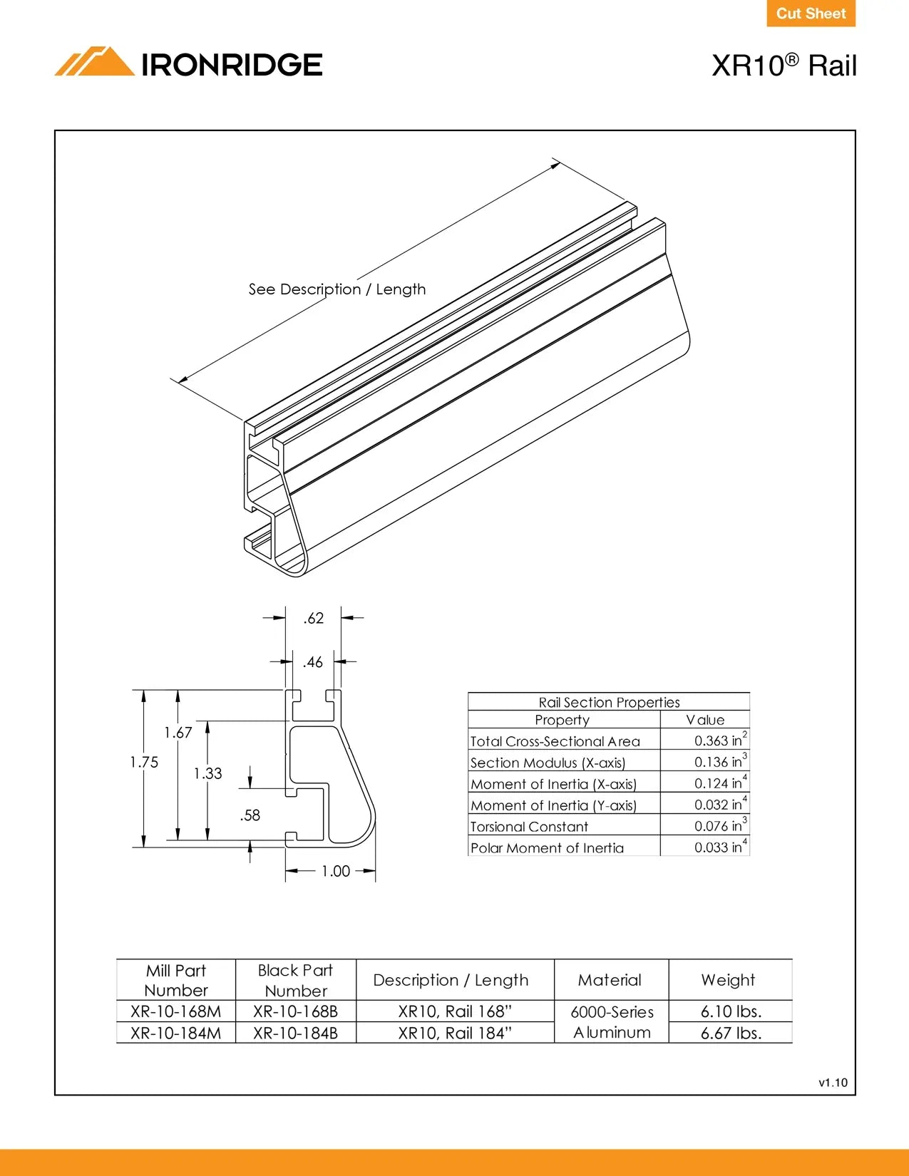 Technical specification sheet for an XR10 Rail cut sheet by Ironridge, showing a line drawing of the rail profile with dimensions, cross-section properties, and a material weight table.