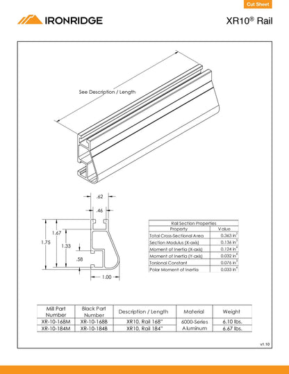 Technical specification sheet for an XR10 Rail cut sheet by Ironridge, showing a line drawing of the rail profile with dimensions, cross-section properties, and a material weight table.