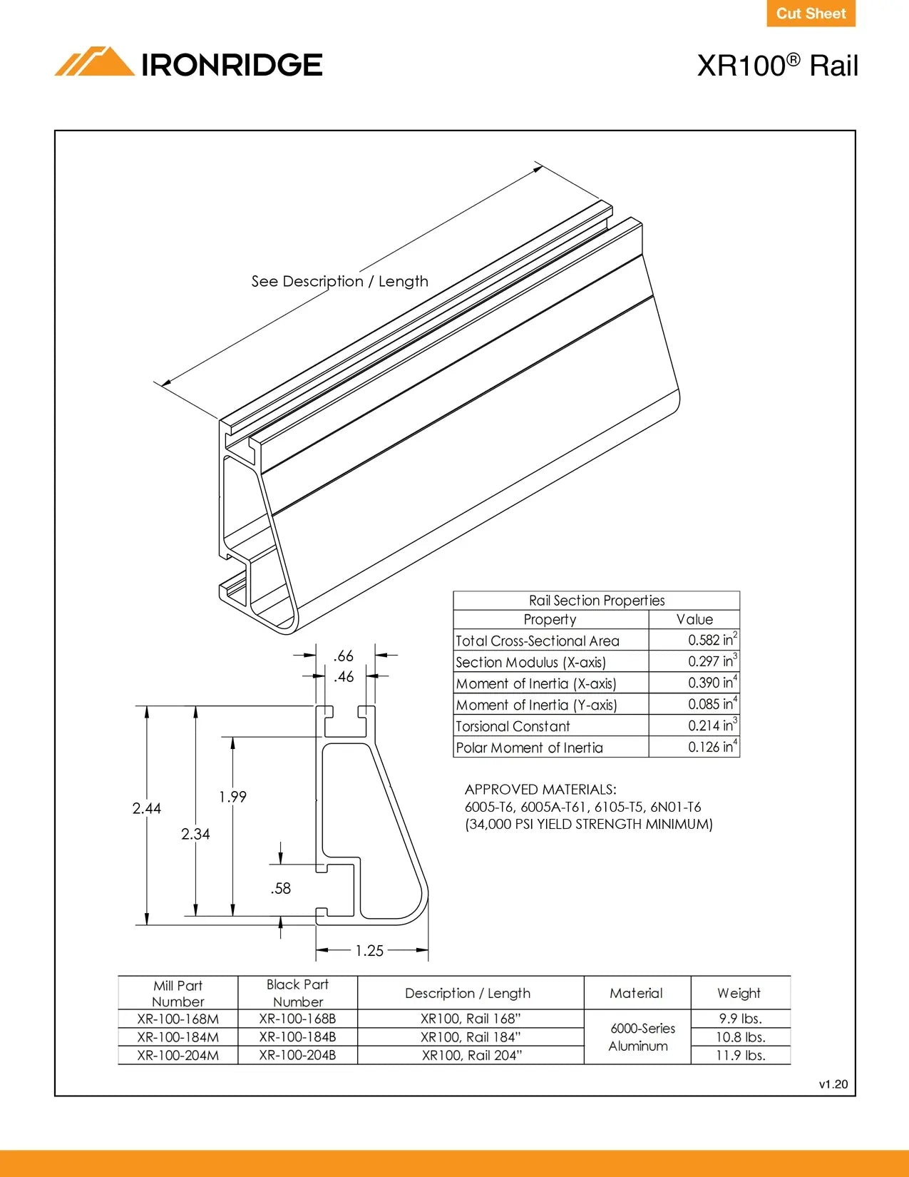 Technical drawing of IRONRIDGE XR100 Rail with dimensions and specifications.