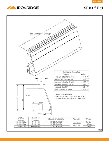 Technical drawing of IRONRIDGE XR100 Rail with dimensions and specifications.