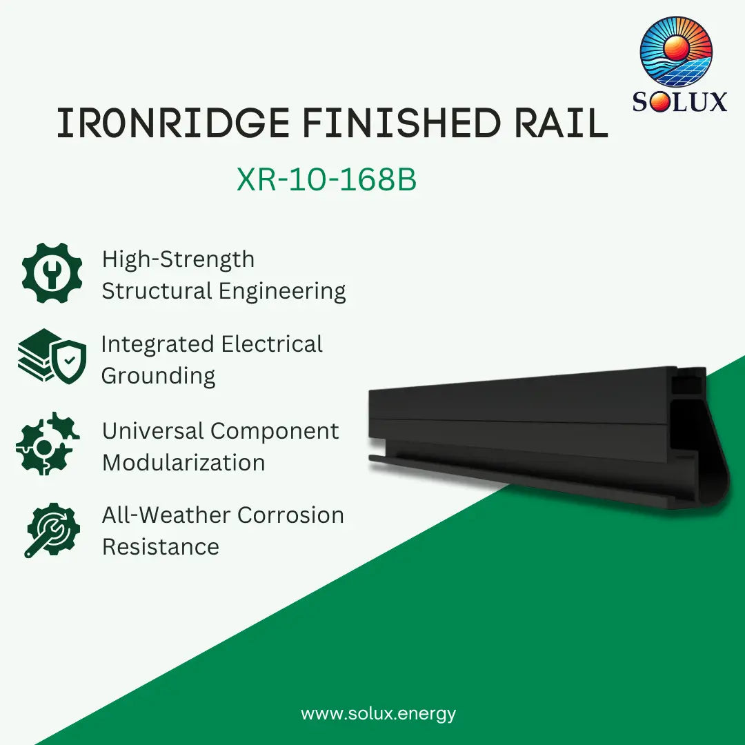Promotional graphic for Solux Ironridge Finished Rail model XR-10-168B, showing a black metal rail profile on a white and green background with feature icons and text.