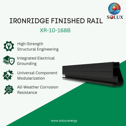 Promotional graphic for Solux Ironridge Finished Rail model XR-10-168B, showing a black metal rail profile on a white and green background with feature icons and text.