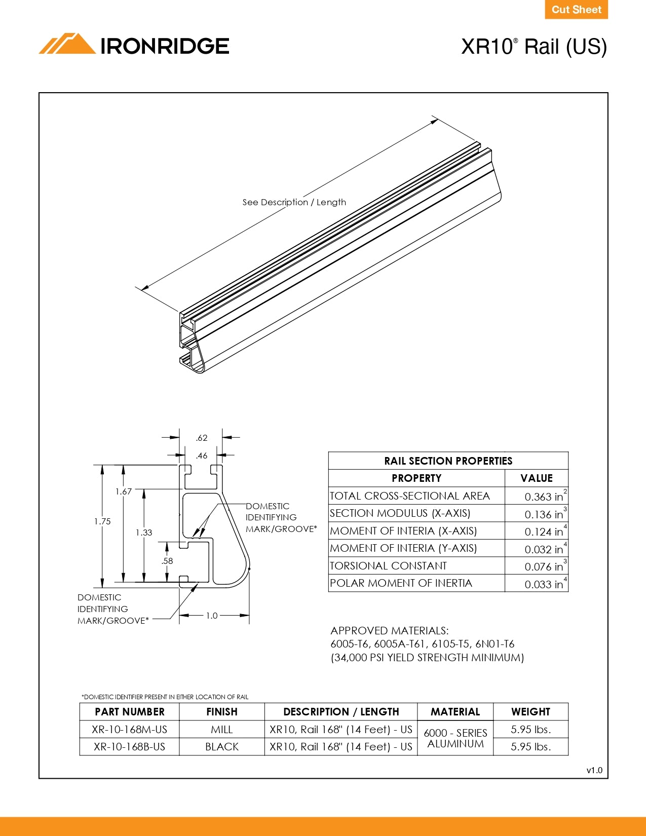 Profile view of an XR-10-168B ironridge xr rail, highlighting the 14ft black anodized aluminum beam design for low-profile solar mounting.