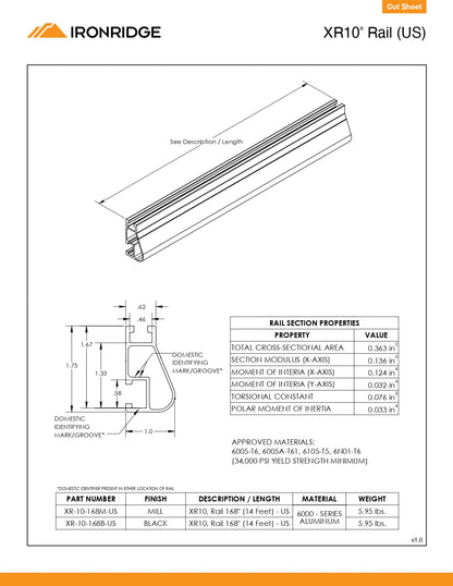 Profile view of an XR-10-168B ironridge xr rail, highlighting the 14ft black anodized aluminum beam design for low-profile solar mounting.