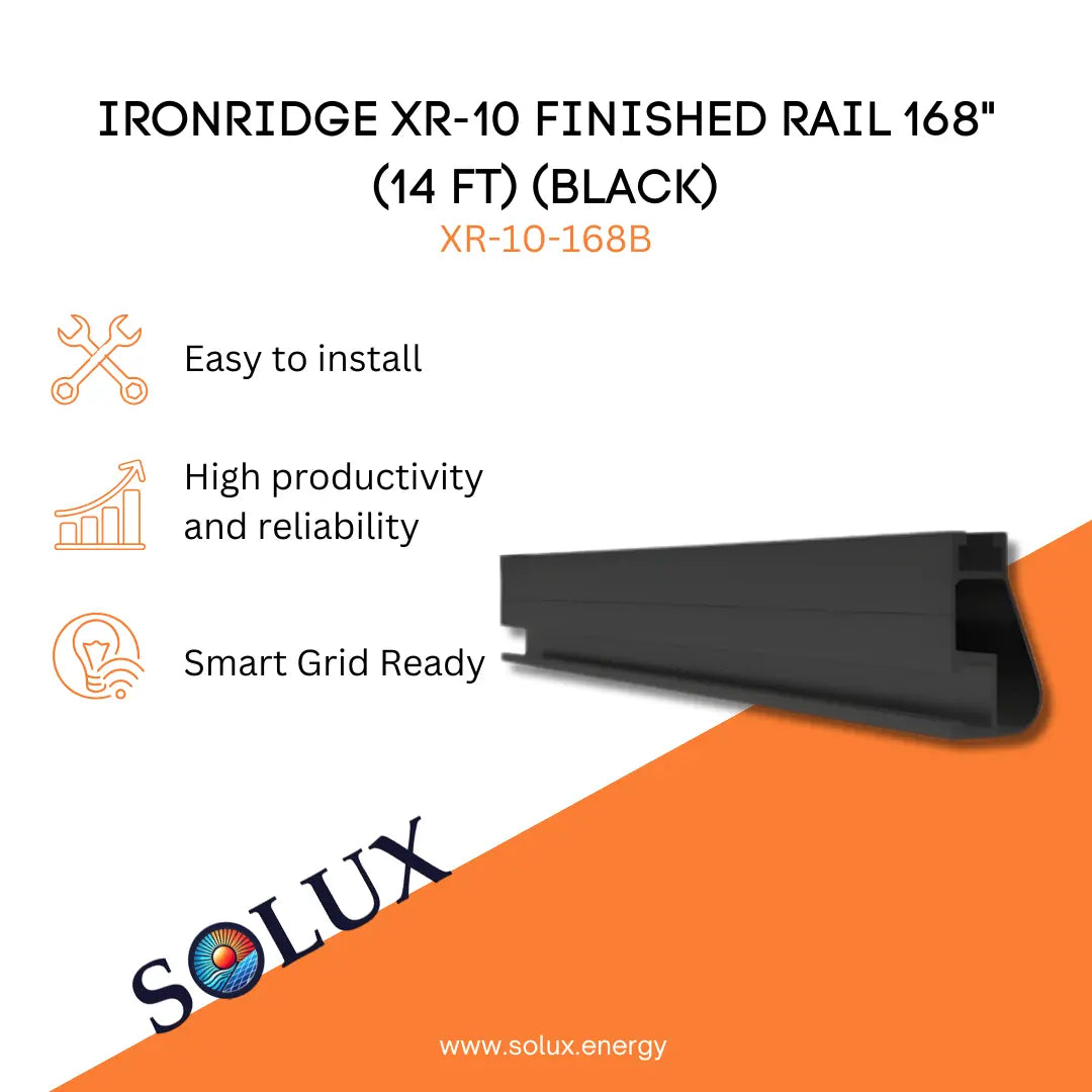 IronRidge XR-10 Finished Rail 168-inch (XR-10-168B) black anodized 14ft mounting beam for low-profile solar arrays.