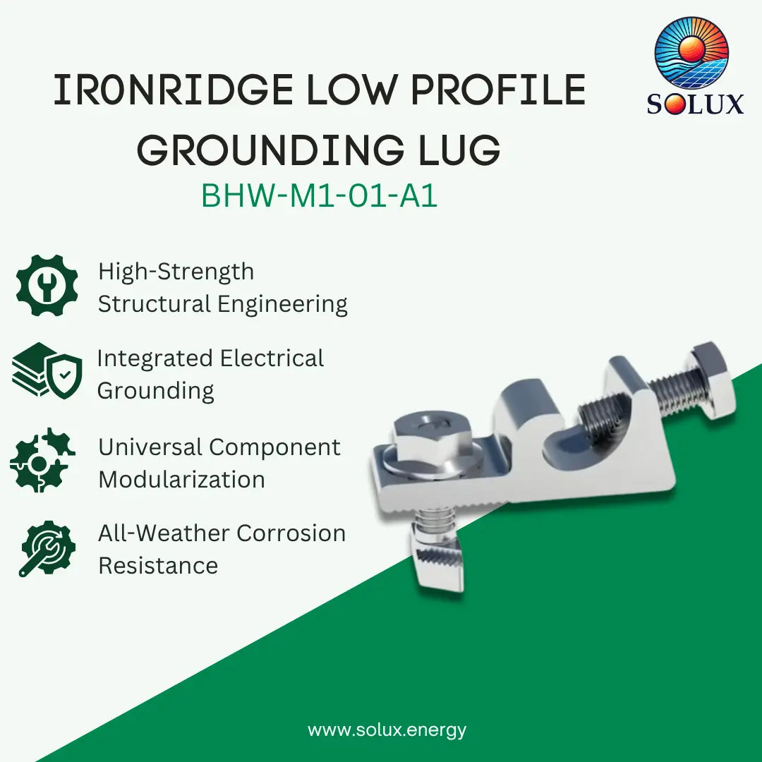 SOLUX Ironridge Low Profile Grounding Lug BHW-M1-01-A1 on a light green and dark green graphic background with product features listed on the left and the product itself shown on the right.