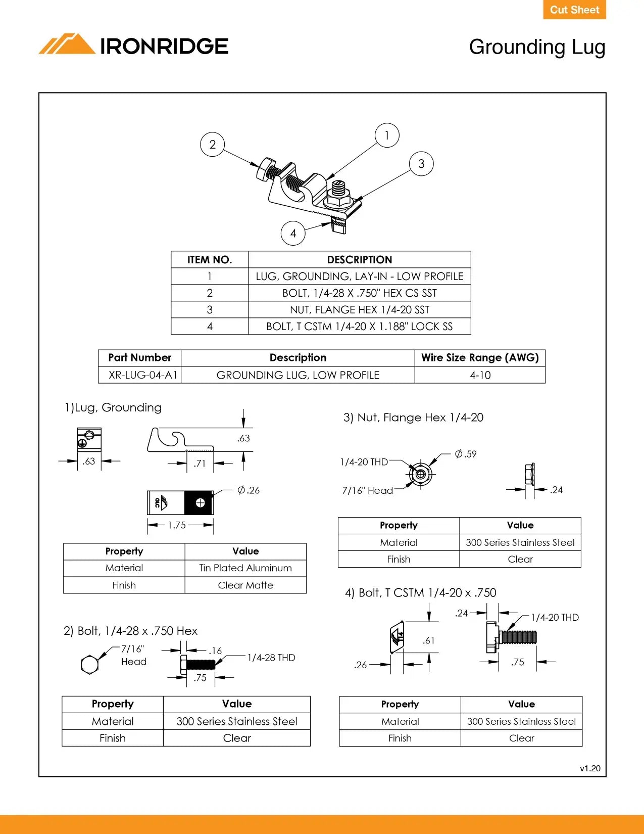 Technical specification sheet for an Ironridge Grounding Lug, showing a numbered exploded diagram, part list table, and dimensional drawings with material and finish specifications.