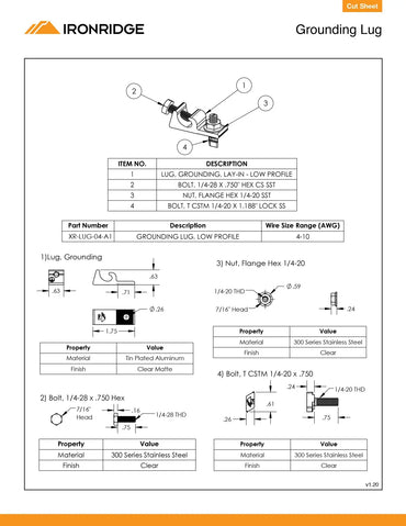 Technical specification sheet for an Ironridge Grounding Lug, showing a numbered exploded diagram, part list table, and dimensional drawings with material and finish specifications.