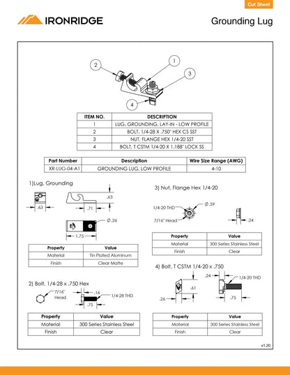 Technical specification sheet for an Ironridge Grounding Lug, showing a numbered exploded diagram, part list table, and dimensional drawings with material and finish specifications.