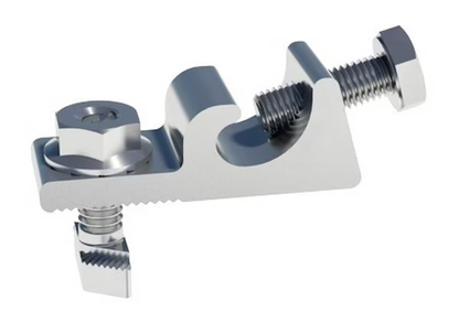 A polished stainless steel mechanical clamp or bracket with threaded adjustment screws and a hex nut, shown on a plain white background.