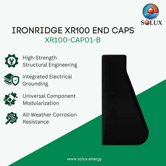 Black IronRidge XR100 end cap with integrated electrical grounding, shown on a white and green graphic background with product specifications and the Solux logo.