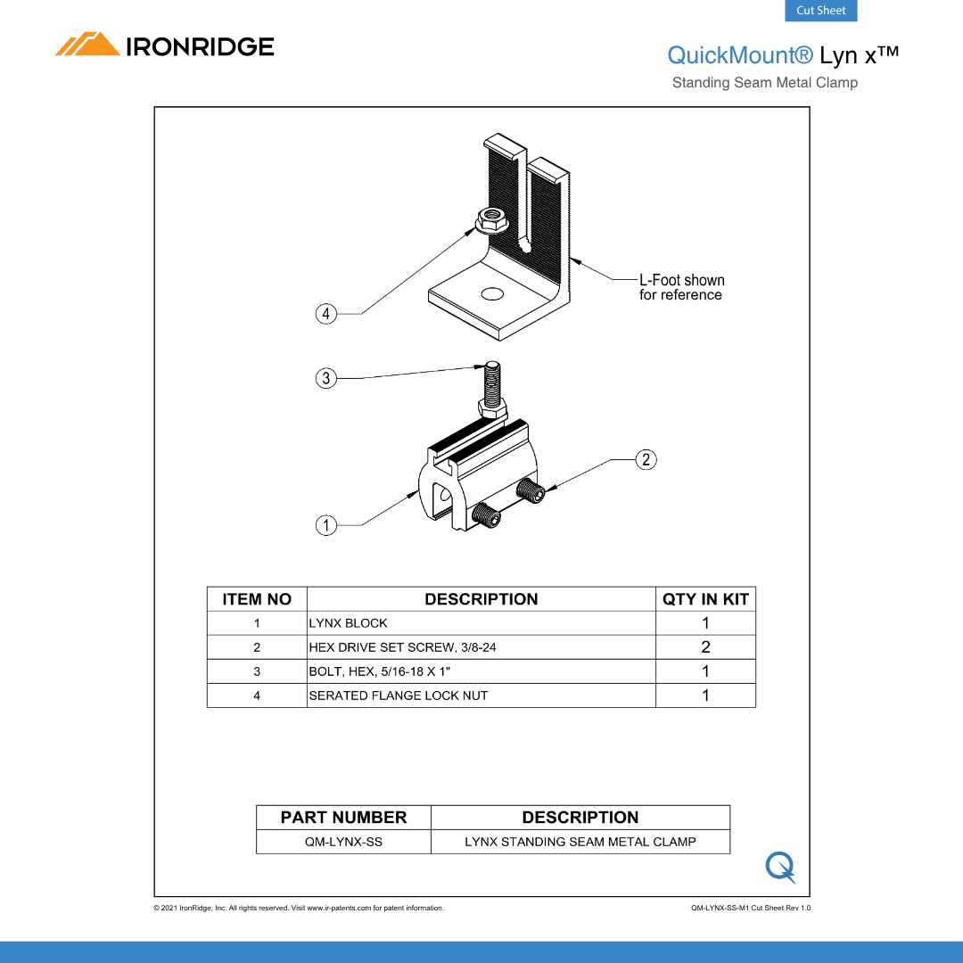 IR-QM-LYNX-SS-M1 standing seam metal roof clamps