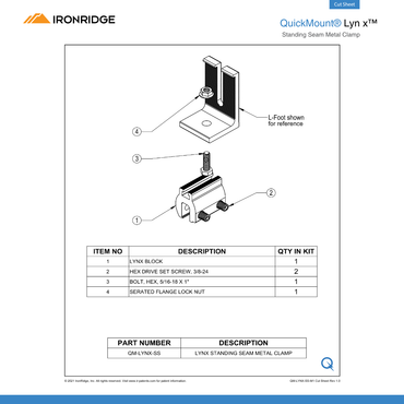 IR-QM-LYNX-SS-M1 standing seam metal roof clamps