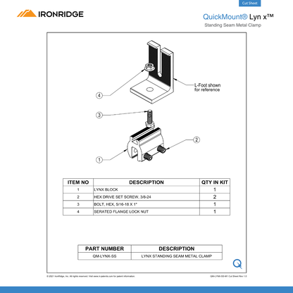 IR-QM-LYNX-SS-M1 standing seam metal roof clamps