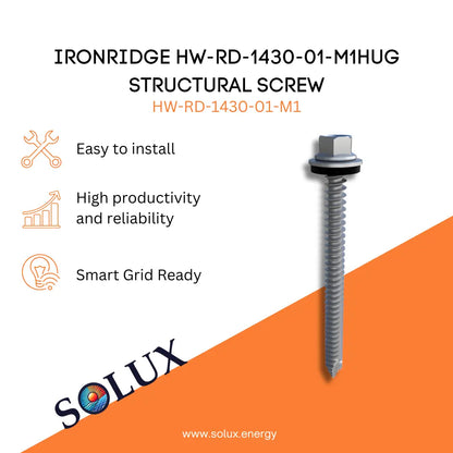 IronRidge Structural Screw HW-RD-1430-01-M1HUG marketing graphic featuring a stainless-steel self-drilling fastener with an EPDM-backed sealing washer, displayed with icons for installation ease and system reliability.