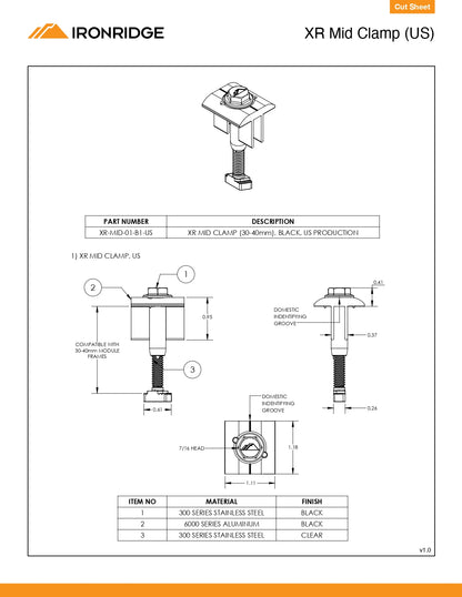 IR-XR-MID-01-B1-US mid clamp solar panels