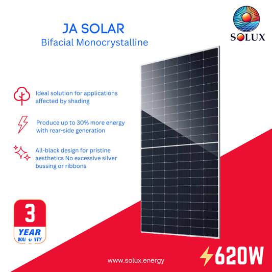 JA Solar JA-JAM66-D45-620LB 620Watt 132 Half-Cell Silver Frame Bifacial Monocrystalline Solar Panel