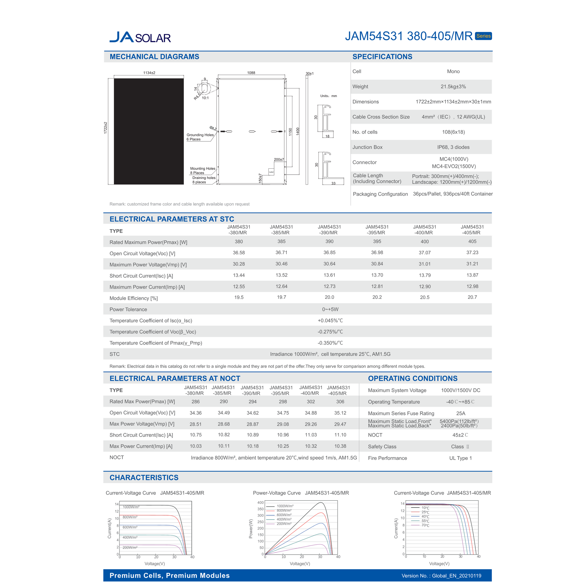 Ja Solar Panels JAM54-S31-405MR Product Specifications