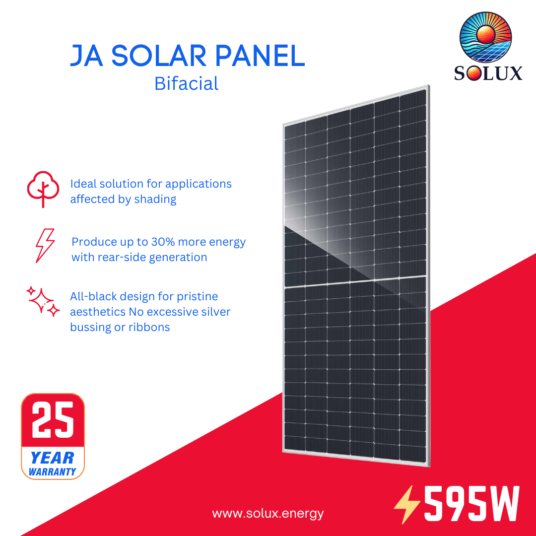This is an image of Ja Solar 595W Solar Panels, Silver Frame Mono N Type