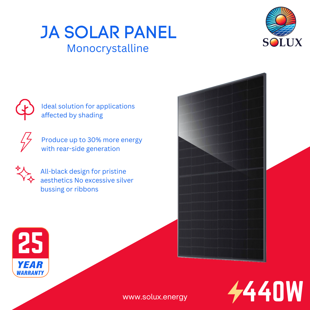 This is an image of JA Solar JA-JAM54-D41-440MB 440W Solar Panel All Black Bifacial