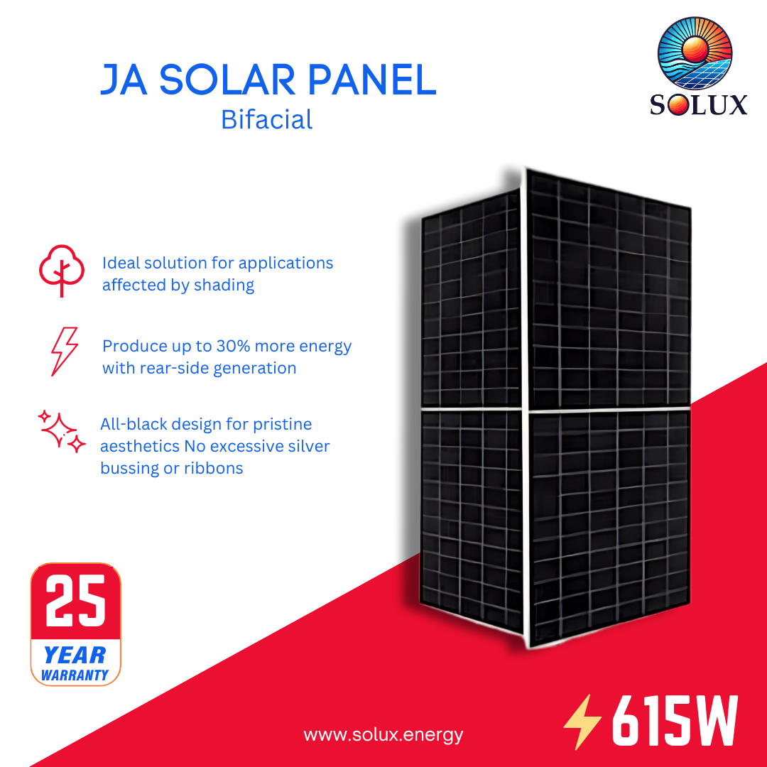 This is an image of JA Solar 615 Watt Solar Panels Lightweight Silver Frame Bifacial