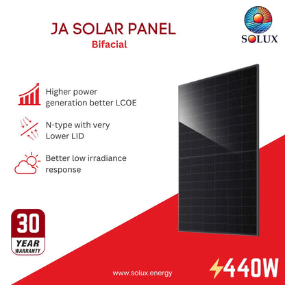 This is an image of JA Solar JAM54D41-440MB 440 Watt All Black Bifacial Panel