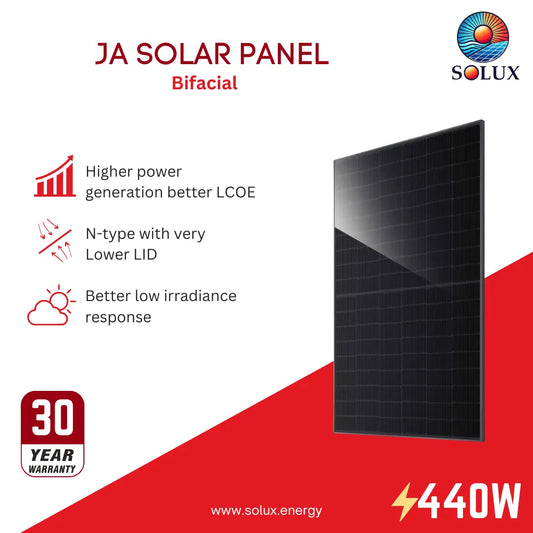 This is an image of JA Solar JAM54D41-440MB 440 Watt All Black Bifacial Panel