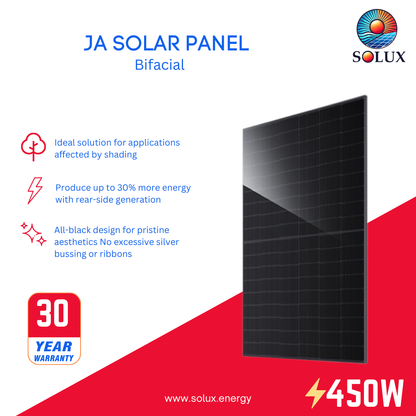 JA Solar 450 Watt Bifacial N-Type Solar Panel marketing graphic featuring an all-black bifacial solar module with a 30-year warranty, displayed with icons highlighting its high-efficiency rear-side generation and superior performance in shaded applications.
