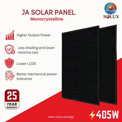 Two black monocrystalline solar panels shown on a promotional graphic with text highlighting product benefits, including higher output power, less shading, lower LCOE, and a 25-year warranty. The brand SOLUX is visible.
