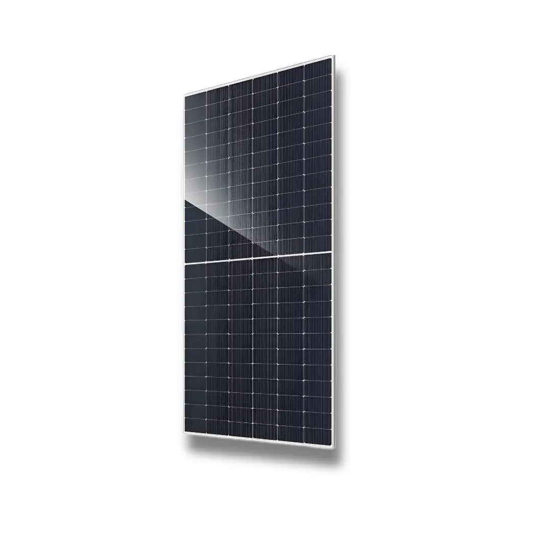 Product image of JAM72-D40-600MB, JA Solar 600W bifacial panel with silver frame and 144 half-cells on white background.