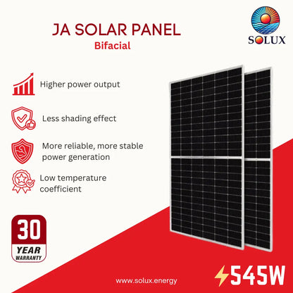 Solux JA Solar Panel Bifacial 545W product graphic on a white and red background, showing two solar panels with feature icons and a 30-year warranty badge.