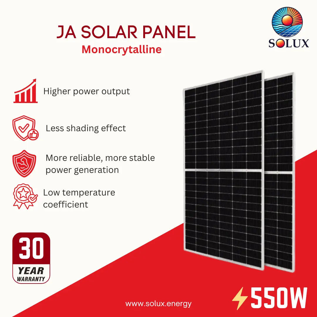 Solux JA Solar Panel Monocrystalline 550W solar panels shown on a promotional graphic with feature icons and a 30-year warranty badge.