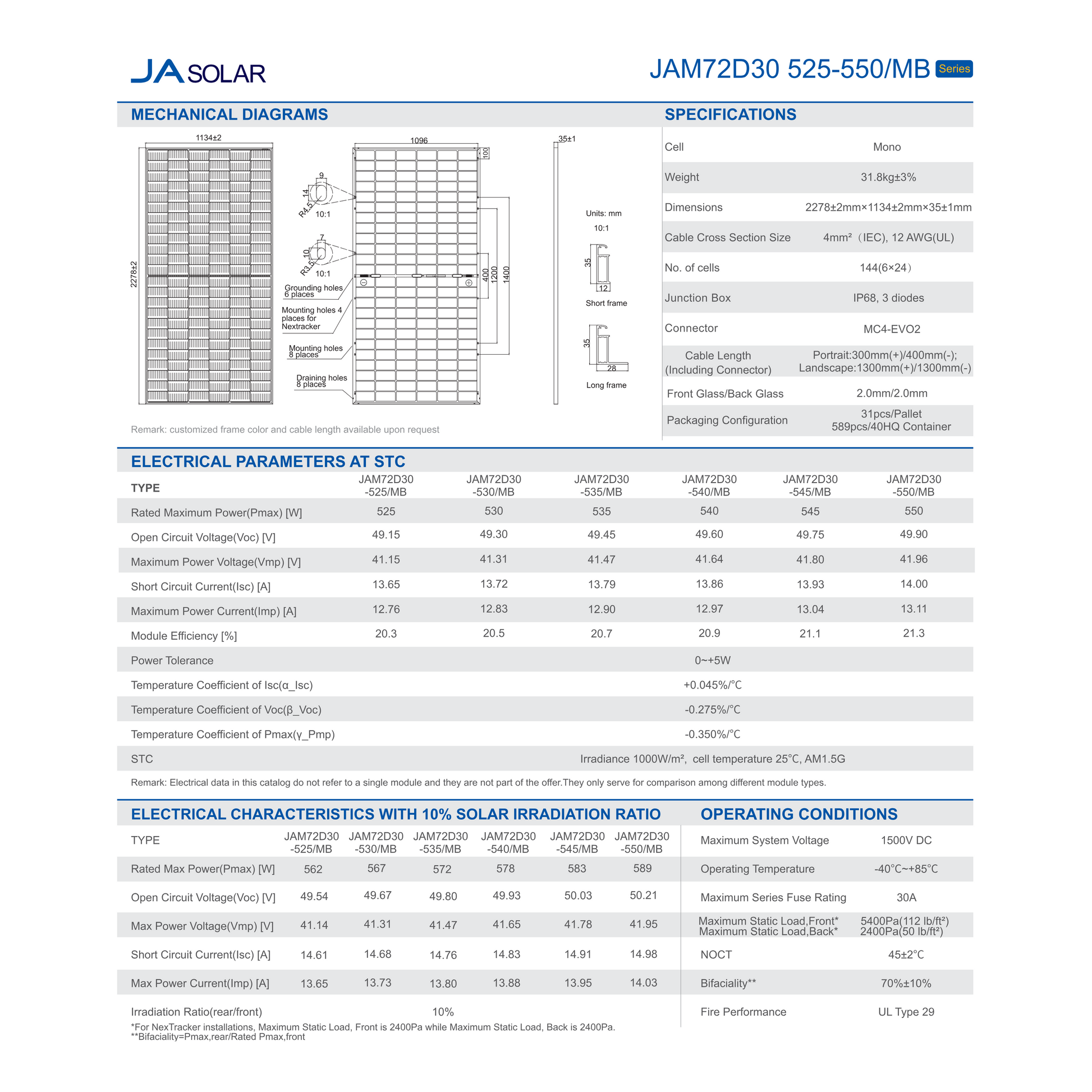 JA Solar JAM72D30-550/MB Specs