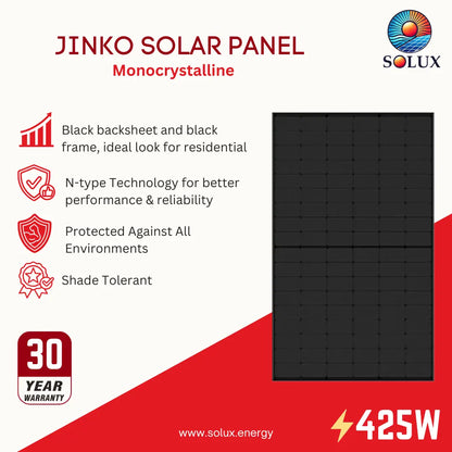 Jinko Solar Panel Monocrystalline product graphic by Solux, showing a black rectangular solar panel on a white and red background with feature callouts and a 30-year warranty badge.