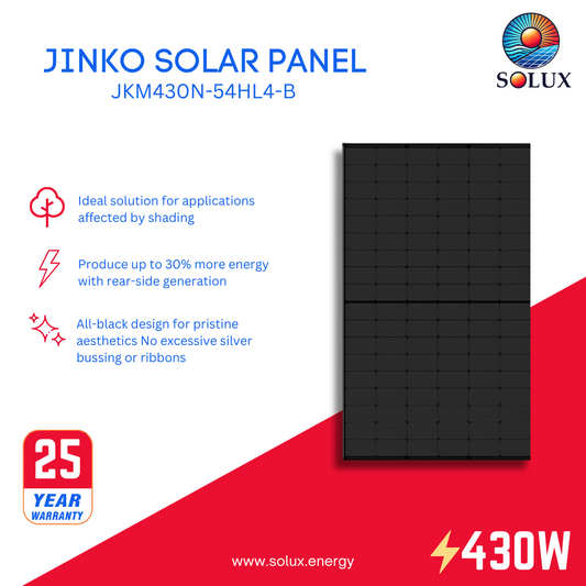 This is an image of Jinko JKM430N-54HL4-B 430Watt 108 Half-Cell All Black Solar Panel