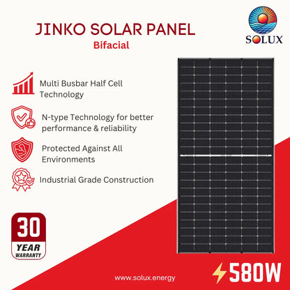 Jinko Solar Panel Bifacial 580W solar panel by Solux, shown as a rectangular dark panel on a red and white promotional graphic with feature callouts and a 30-year warranty badge.