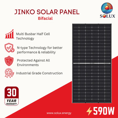 Jinko Solar Panel Bifacial 590W solar panel by Solux, shown as a rectangular dark panel on a red and white promotional graphic with feature callouts and a 30-year warranty badge.