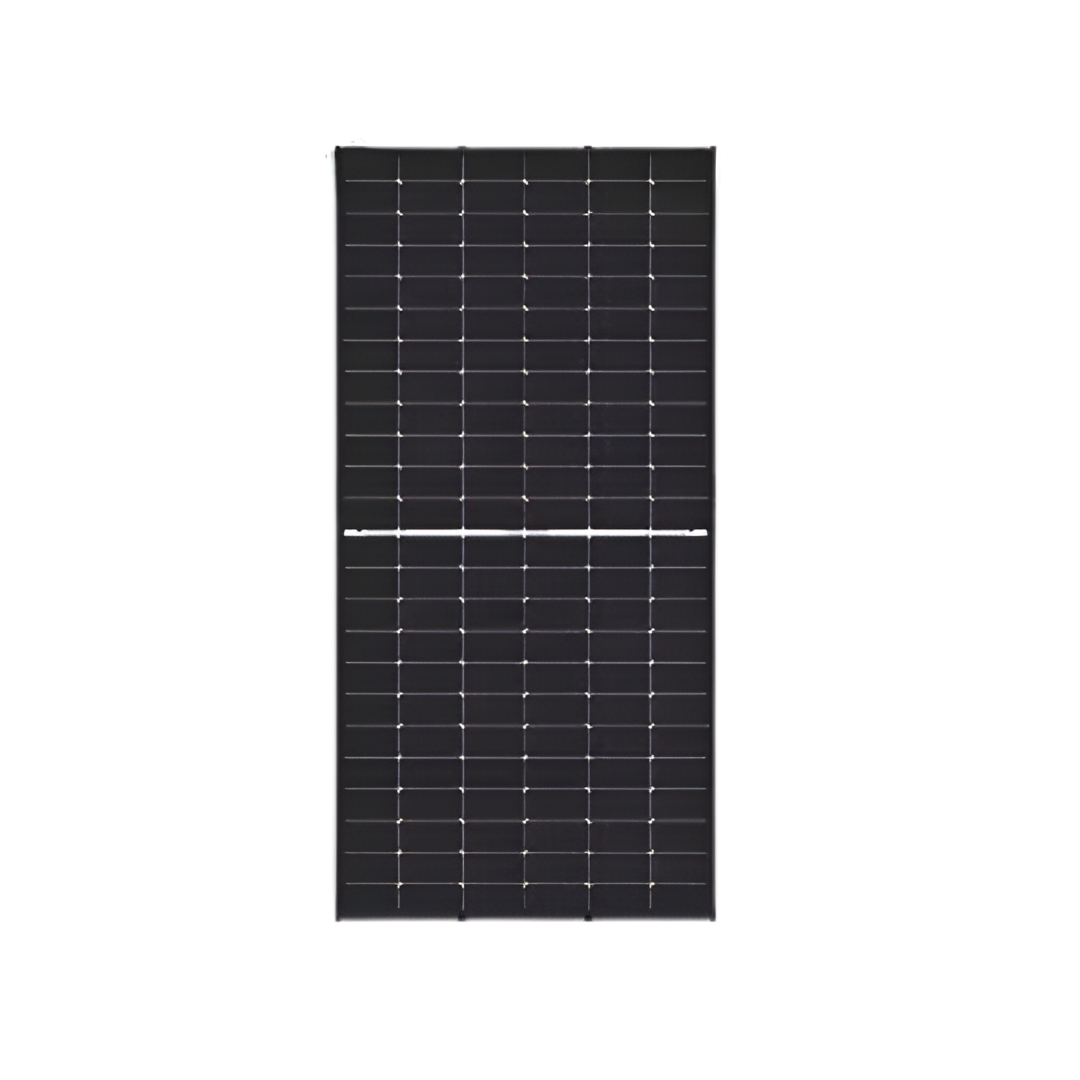 Single product image of ja solar 590 watts  silver frame bifacial solar panel in white background