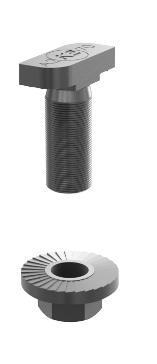 K2 Systems 13x25mm Bonding T-Bolt Kit, featuring a stainless steel mill-finish T-bolt with a serrated hex flange nut for electrical bonding and secure rail mounting.