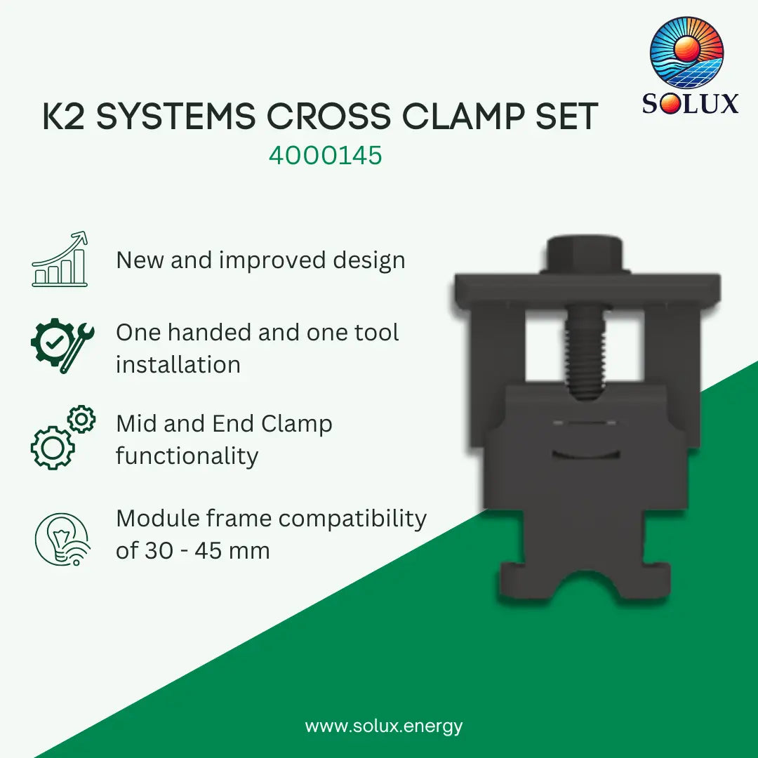 SOLUX K2 Systems Cross Clamp Set (4000145) product graphic showing a black clamp tool on a light background with green diagonal section, product features listed on the left, and the SOLUX logo in the top right.