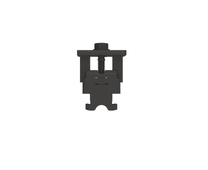A small black metal mechanical clamp or fixture with a threaded screw visible in the center, shown on a plain white background.