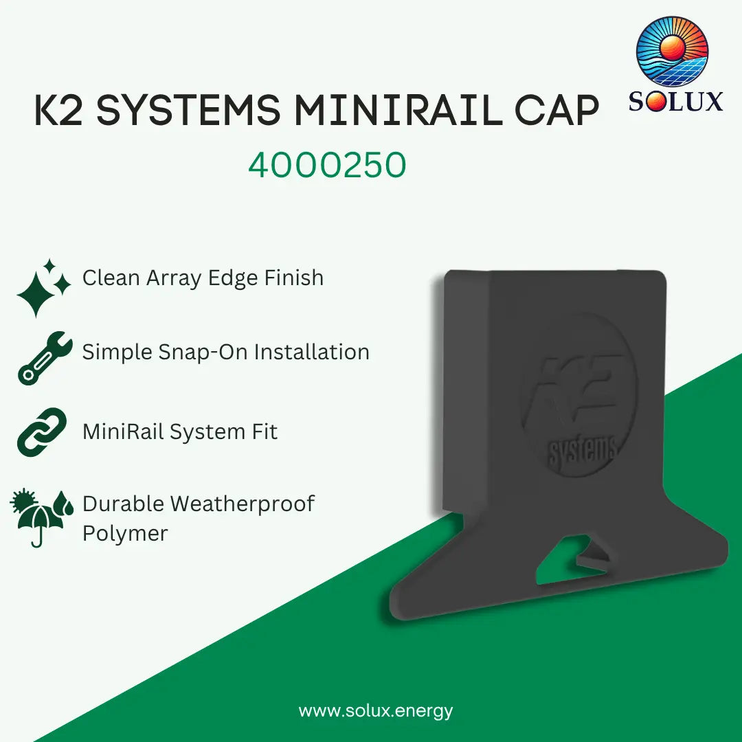 K2 Systems Minirail Cap 4000250 by Solux, a dark gray snap-on protective cap for rail arrays, shown on a white and green background with product features listed on the left.