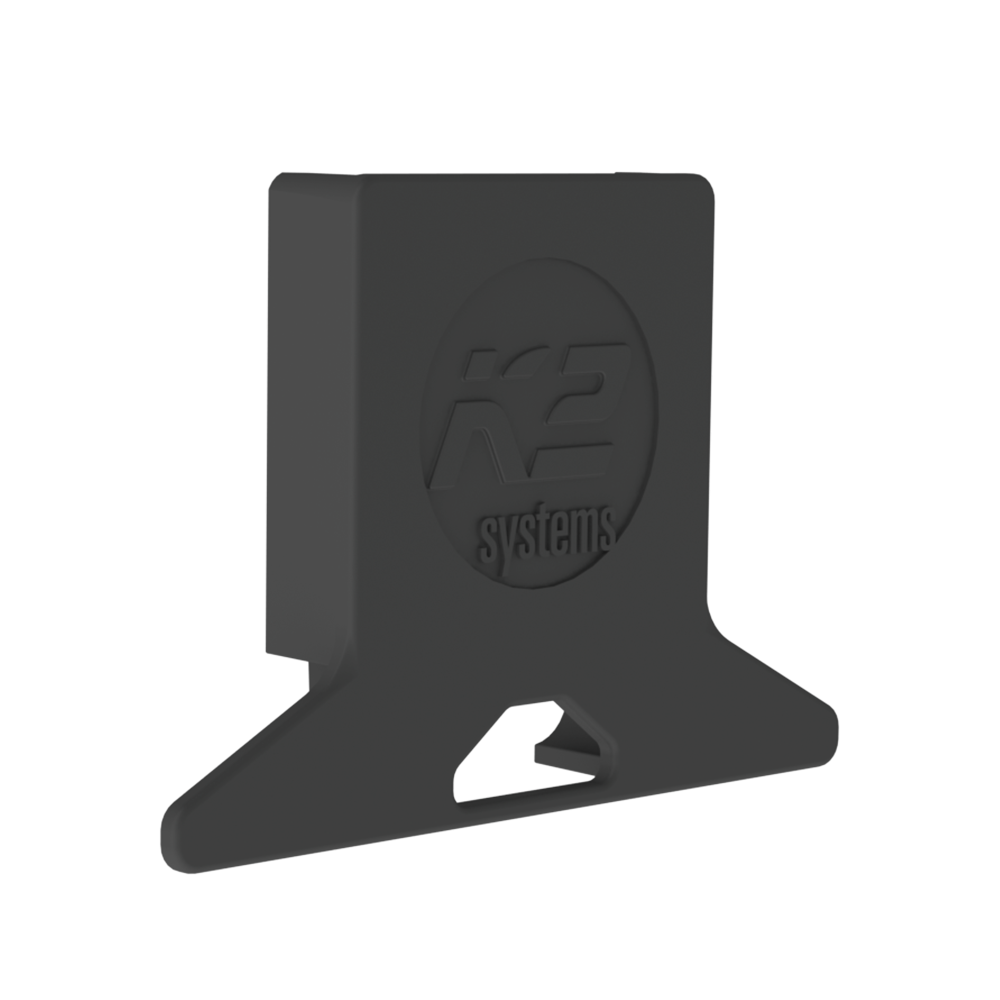 K2 Systems 4000250 MiniRail Polyamide Rail End Cap a matte black plastic or rubber mounting bracket with a circular embossed logo reading 'K2 systems' on the front face, shown on a plain white background.