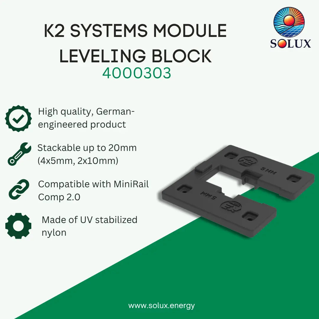 A promotional product graphic for the Solux K2 Systems Module Leveling Block, model 4000303. The image features a dark gray leveling block on a split white and green background with text detailing its German-engineered quality, stackable height of 20mm, MiniRail Comp 2.