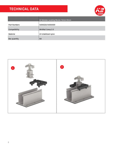 Technical data sheet for K2 Module Leveling Blocks 10mm/15mm, showing part numbers, compatibility, material, and box quantity in a table, with two small assembly diagrams below labeled 1 and 2 on a white page with a red header.
