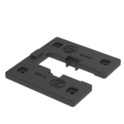 K2 Systems 5mm, Module Stackable Leveling Blocks a dark gray plastic mounting bracket with pre-drilled holes and embossed branding, shown on a solid white background.