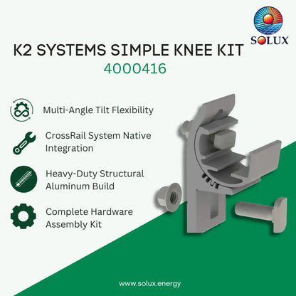 SOLUX K2 Systems Simple Knee Kit 4000416 product graphic showing an aluminum knee bracket with a bolt and screw, alongside feature callouts including multi-angle tilt flexibility, CrossRail system native integration, heavy-duty structural aluminum build, and complete hardware assembly kit.